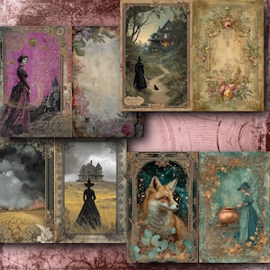May include: A collection of vintage-style art prints featuring gothic and witchy themes. The prints showcase illustrations of witches, haunted houses, and a fox, with ornate frames and a muted color palette of pinks, greens, and browns.