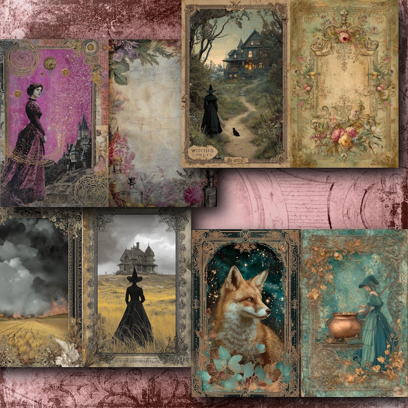 May include: A collection of vintage-style art prints featuring gothic and witchy themes. The prints showcase illustrations of witches, haunted houses, and a fox, with ornate frames and a muted color palette of pinks, greens, and browns.