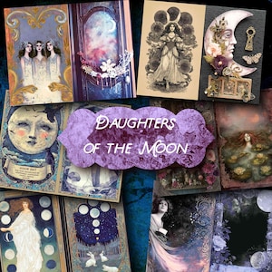 May include: A selection of art prints and cards with a celestial theme. The images feature illustrations of women, moons, and floral elements in a vintage style. The text "Daughters of the Moon" is prominently displayed.