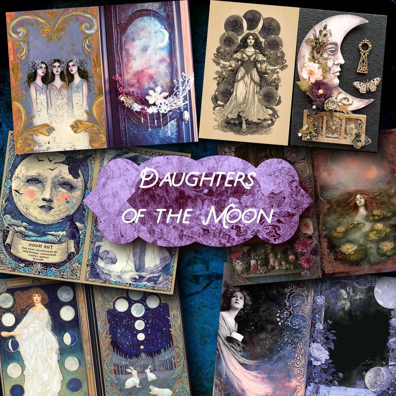May include: A selection of art prints and cards with a celestial theme. The images feature illustrations of women, moons, and floral elements in a vintage style. The text "Daughters of the Moon" is prominently displayed.