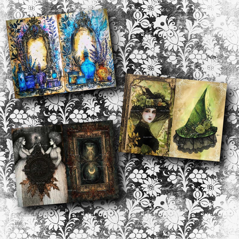 May include: A collection of vintage-style art prints featuring illustrations of mirrors, potion bottles, and witch-themed imagery. The prints showcase a variety of colors, including blue, green, and gold, with intricate details and a gothic aesthetic.