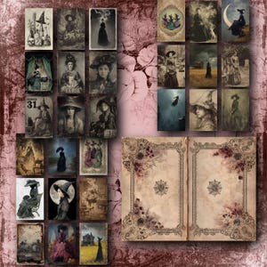 May include: A collection of vintage-style Halloween-themed images, including illustrations of witches, spooky scenes, and a book with ornate floral borders. The images have a sepia tone, evoking a sense of nostalgia and the supernatural.