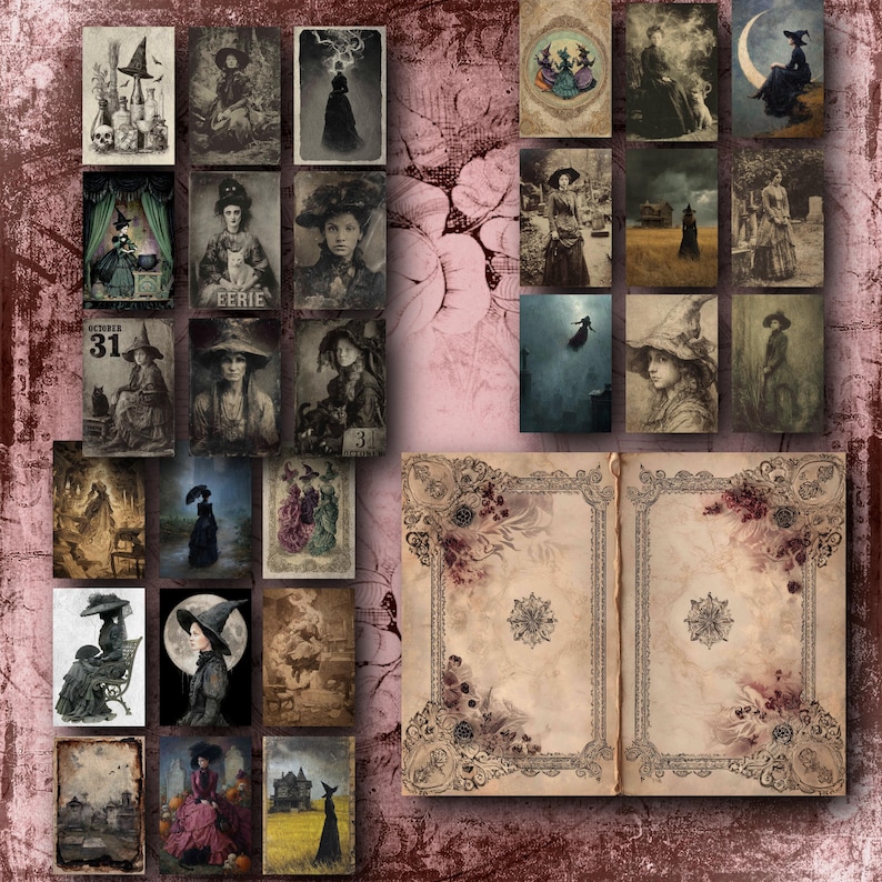 May include: A collection of vintage-style Halloween-themed images, including illustrations of witches, spooky scenes, and a book with ornate floral borders. The images have a sepia tone, evoking a sense of nostalgia and the supernatural.