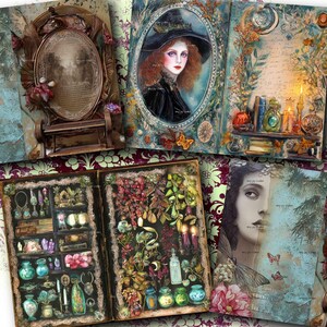 May include: A collection of vintage-style art prints featuring botanical illustrations, portraits, and decorative elements. The prints showcase a witch portrait, an open book with shelves of potions, and a mirror with floral accents. The color palette includes teal, brown, and purple.