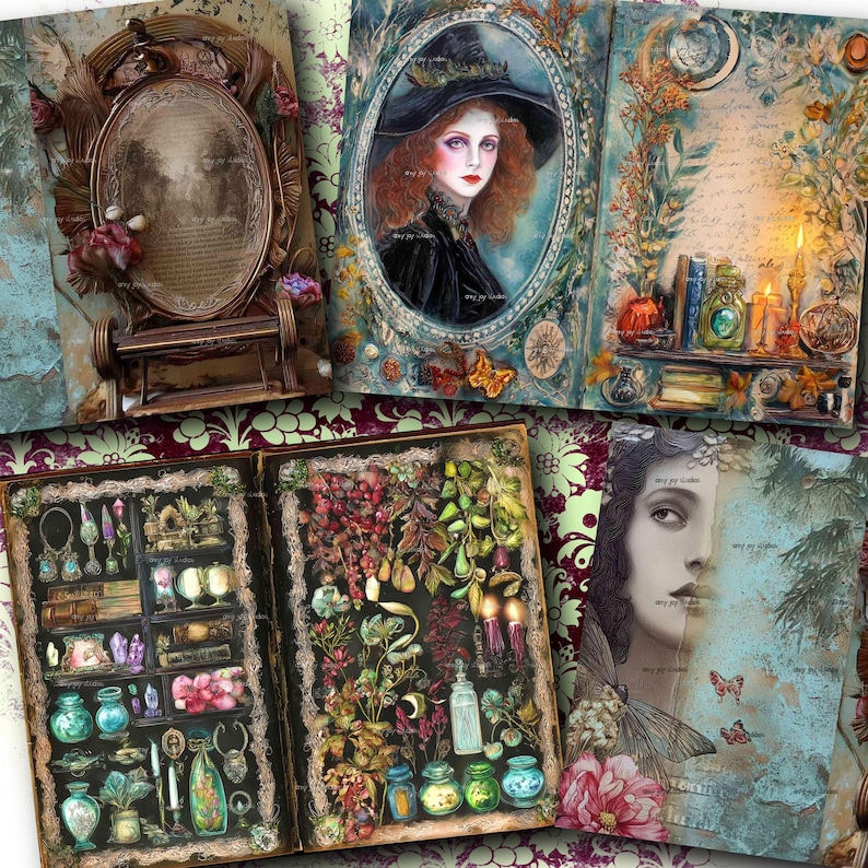 May include: A collection of vintage-style art prints featuring botanical illustrations, portraits, and decorative elements. The prints showcase a witch portrait, an open book with shelves of potions, and a mirror with floral accents. The color palette includes teal, brown, and purple.