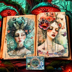 Kit de diário de lixo da floresta misteriosa - Folha de colagem imprimível caprichosa, papel de diário de lixo da floresta de fantasia, diário místico, cartões de diário