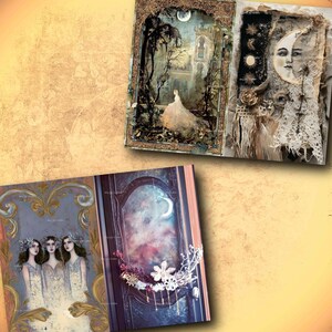May include: A selection of art prints with dreamlike illustrations. One print shows a woman in a flowing gown in a garden scene. Another depicts a celestial face with lace details. The third print shows three women in white dresses.