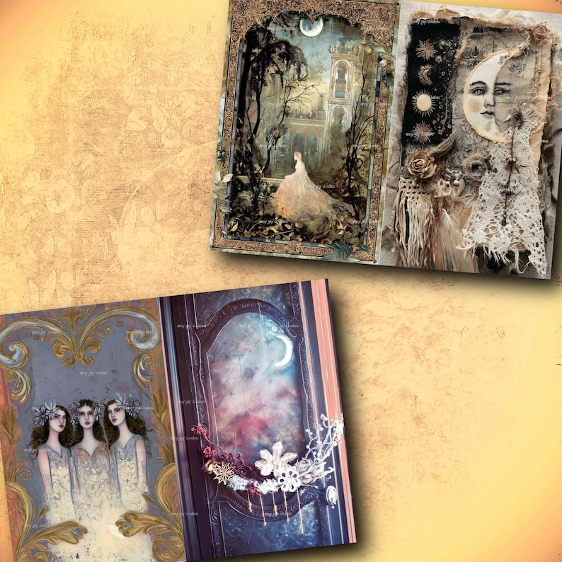 May include: A selection of art prints with dreamlike illustrations. One print shows a woman in a flowing gown in a garden scene. Another depicts a celestial face with lace details. The third print shows three women in white dresses.