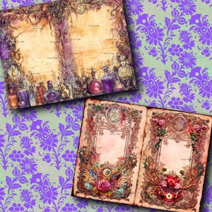 May include: Two open journals with ornate, vintage-style illustrations. One journal features a collection of potion bottles, while the other displays floral and botanical designs with a central emblem. The background is a purple floral pattern.