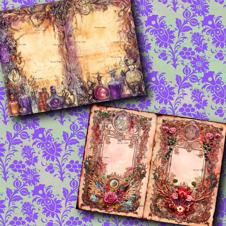 May include: Two open journals with ornate, vintage-style illustrations. One journal features a collection of potion bottles, while the other displays floral and botanical designs with a central emblem. The background is a purple floral pattern.