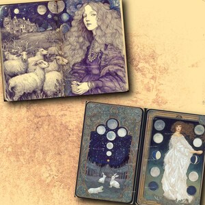 May include: A set of illustrated art cards with celestial and pastoral themes. One card shows a woman with long hair, another depicts sheep and a house. Other cards feature moons, stars, and rabbits. The colour palette is mainly blue, purple, and cream.