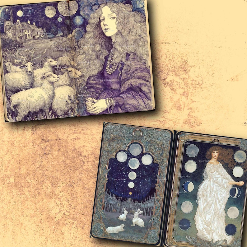 May include: A set of illustrated art cards with celestial and pastoral themes. One card shows a woman with long hair, another depicts sheep and a house. Other cards feature moons, stars, and rabbits. The colour palette is mainly blue, purple, and cream.