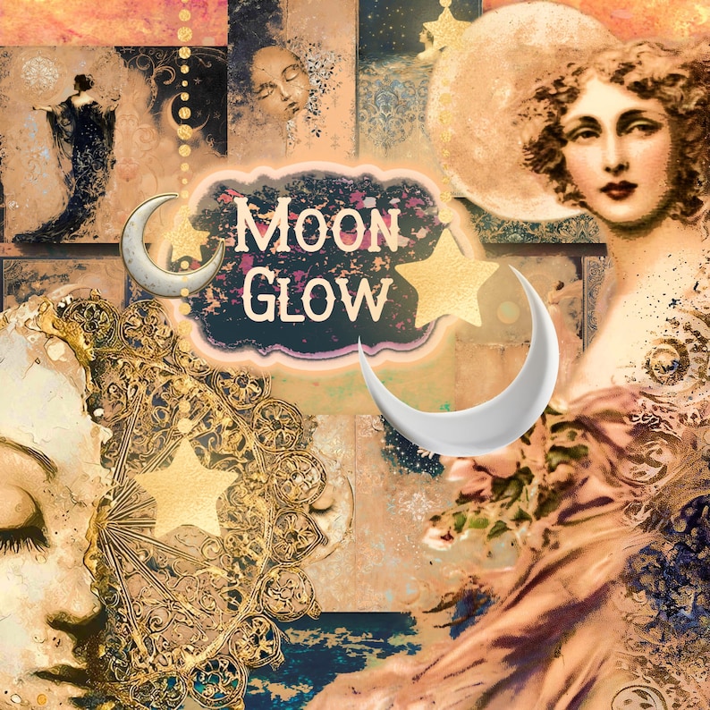 K&ouml;nnte beinhalten: Eine Collage mit himmlischen und Vintage-Elementen. Das Bild zeigt ein Frauenportr&auml;t, Halbmonde, Sterne und den Text "Moon Glow". Die Farbpalette ist eine Mischung aus Gold, Beige und ged&auml;mpften T&ouml;nen, die eine vertr&auml;umte &Auml;sthetik erzeugt.