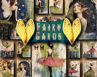 May include: A collage of 12 fairy cards featuring whimsical illustrations of fairies with wings, flowers, and butterflies. The cards are decorated with a variety of textures and colors, including gold, green, blue, and pink. The title "Fairy Cards" is displayed in a decorative font.