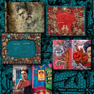 May include: A collection of art prints featuring portraits and decorative frames. The prints showcase Frida Kahlo's image, floral designs, and architectural scenes. The color palette includes red, blue, and teal.