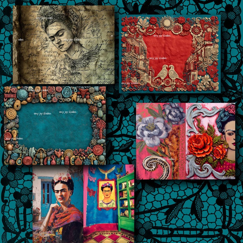 May include: A collection of art prints featuring portraits and decorative frames. The prints showcase Frida Kahlo's image, floral designs, and architectural scenes. The color palette includes red, blue, and teal.
