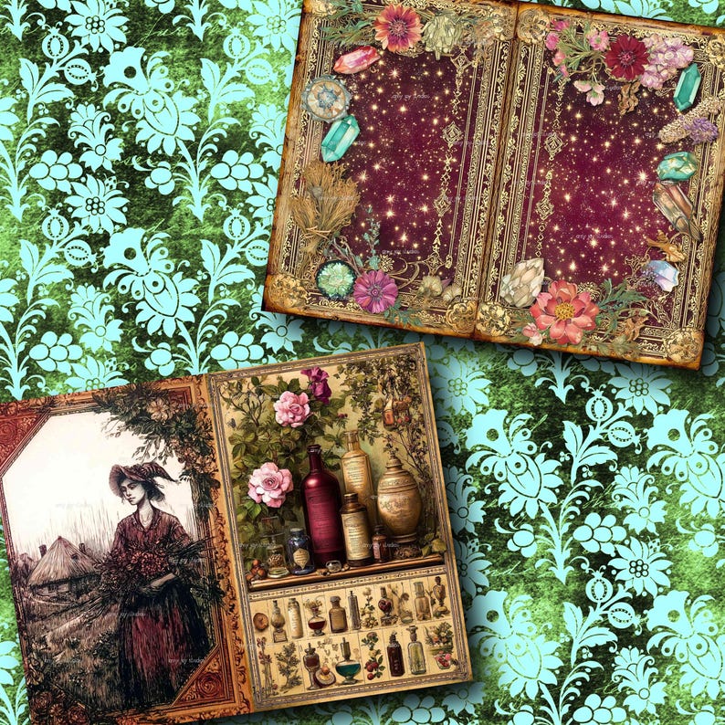 May include: An open book with a burgundy background and gold accents, adorned with crystals and flowers. A second book features a woman in a hat and a botanical illustration with bottles and roses. The background is a teal and green floral pattern.