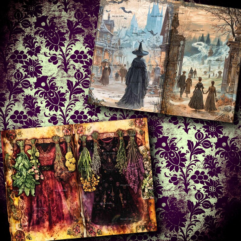 May include: A collage of gothic-themed art prints and a patterned background. The prints depict a witch in a black cloak, a graveyard scene, and dresses adorned with herbs. The background features a purple floral design.