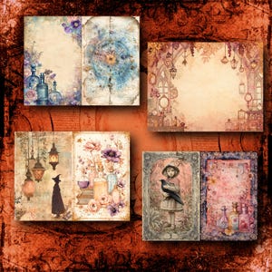 May include: A collage of vintage-style illustrations featuring apothecary bottles, floral arrangements, and a witch silhouette. The artwork includes a girl with a raven, and a celestial map. The color palette is muted with shades of purple, blue, and beige.