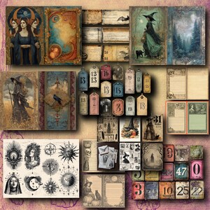 May include: A collection of vintage-style Halloween-themed ephemera, including tags, journal pages, and illustrations. The color palette includes muted tones of blue, brown, and orange. Images include witches, moons, and numbers.