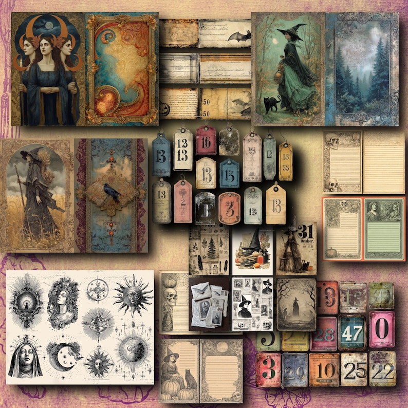 May include: A collection of vintage-style Halloween-themed ephemera, including tags, journal pages, and illustrations. The color palette includes muted tones of blue, brown, and orange. Images include witches, moons, and numbers.
