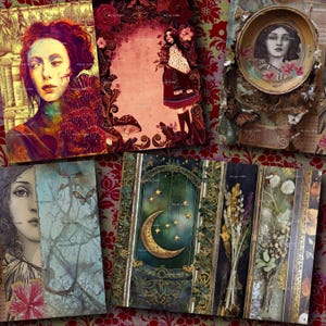 May include: A collection of decorative art prints and journals. The prints feature portraits, floral designs, and a woman in a traditional outfit. Journals display a crescent moon, stars, and dried flowers. The color palette includes gold, green, and red.