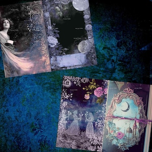 May include: A selection of vintage journals and notebooks with celestial and floral designs. The covers display illustrations of women, moons, roses, and ornate frames in shades of blue, purple, and pink. The journals are tied with a purple ribbon.