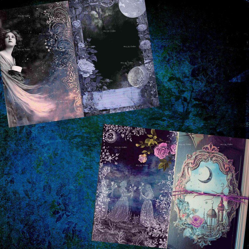 May include: A selection of vintage journals and notebooks with celestial and floral designs. The covers display illustrations of women, moons, roses, and ornate frames in shades of blue, purple, and pink. The journals are tied with a purple ribbon.