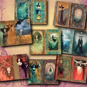 May include: A collection of vintage-style art prints featuring mystical and fantasy themes. The prints showcase illustrations of witches, fairies, and other magical figures, with ornate frames and a muted color palette of greens, browns, and reds. The artwork evokes a sense of enchantment and the occult.