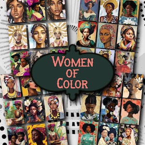 Mulheres de cor, cartões de arte, cartões de diário para impressão, diário de lixo, arte em mídia mista, kit de diário de lixo, suprimentos de colagem, etiquetas para presente