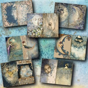 K&ouml;nnte beinhalten: Eine Sammlung von Kunstdrucken im Vintage-Stil mit himmlischen und Fantasy-Themen. Die Drucke zeigen Bilder von Monden, Sternen und Figuren in sanften Blau-, Gr&uuml;n- und Beiget&ouml;nen. Einige Drucke haben florale und verzierte Bord&uuml;ren.