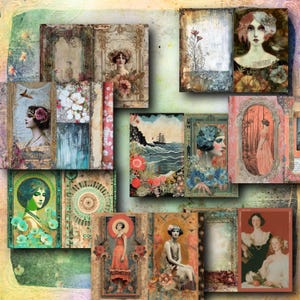 May include: A collection of vintage-style art prints featuring portraits of women, floral designs, and nautical scenes. The color palette includes muted tones of beige, teal, and coral, with decorative frames and borders. The artwork evokes a sense of nostalgia and classic elegance.