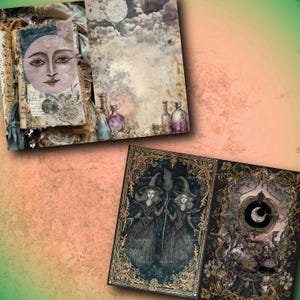 May include: A selection of vintage-style journals and art prints. One journal displays a painted face with a crescent moon. The art prints show a night sky with a full moon, potion bottles, and two witches holding a broom.