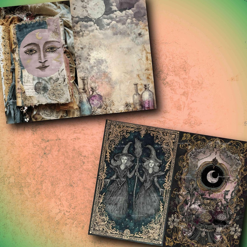 May include: A selection of vintage-style journals and art prints. One journal displays a painted face with a crescent moon. The art prints show a night sky with a full moon, potion bottles, and two witches holding a broom.