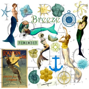 Altered Art supply   Mermaid Clipart   Digital Collage Sheet  Beach clipart  nautical clipart  vintage mermaid image  ocean print