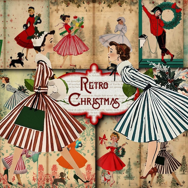 1950er Jahre Retro Weihnachten Junk Journal Kit: Vintage Urlaub zum Ausdrucken