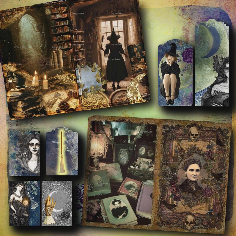 May include: A collection of vintage-style art prints featuring gothic and witchy themes. The prints showcase illustrations of witches, moons, books, and mystical scenes in a dark, antique aesthetic. The color palette includes deep blues, browns, and purples.
