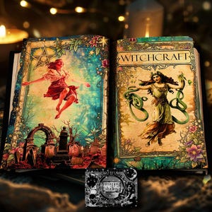May include: An open book with a blue and green cover. The left page features a woman in a red dress flying through the air. The right page features a woman in a green dress with a snake wrapped around her. The book has the word "WITCHCRAFT" printed on the cover.