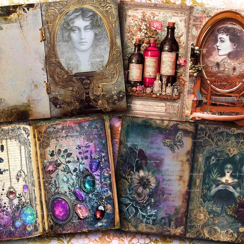 May include: A collection of vintage-style journals and decorative art prints. The journals feature ornate gold frames, portraits, and jewel-toned illustrations. The art prints showcase floral arrangements and antique bottles. The color palette includes gold, purple, and teal.