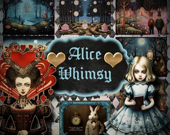 May include: A collage of whimsical illustrations featuring scenes and characters from Alice in Wonderland. The central text reads "Alice Whimsy" with gold heart accents. The artwork includes the Queen of Hearts, Alice, and the White Rabbit.