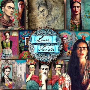 May include: A collage of images featuring Frida Kahlo, with various portraits and artistic representations. The central image includes the text "Love, Frida" on a blue banner, surrounded by a decorative mandala design. The images showcase her iconic style and artistic themes.