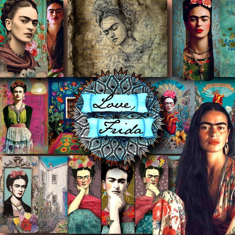 May include: A collage of images featuring Frida Kahlo, with various portraits and artistic representations. The central image includes the text "Love, Frida" on a blue banner, surrounded by a decorative mandala design. The images showcase her iconic style and artistic themes.