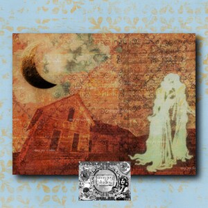 May include: A digital art print featuring a vintage-style image of a spooky house with a crescent moon in the sky. A ghostly figure stands in front of the house. The image has a faded, textured look and includes the text "amy joy studios".