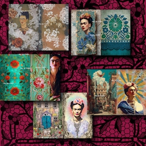 May include: A collection of art prints featuring portraits of Frida Kahlo and floral patterns. The prints showcase vibrant colors, including reds, blues, and greens, with intricate details and a vintage aesthetic. The images are arranged on a dark red lace background.