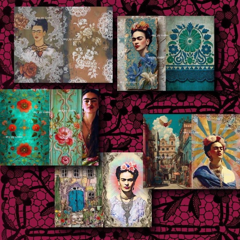 May include: A collection of art prints featuring portraits of Frida Kahlo and floral patterns. The prints showcase vibrant colors, including reds, blues, and greens, with intricate details and a vintage aesthetic. The images are arranged on a dark red lace background.