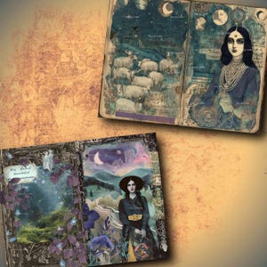 May include: Two open journals with artistic illustrations. One depicts a woman with jewellery and a night sky with moons. The other shows a landscape with a woman in a hat and a crescent moon. The pages have a vintage, antique aesthetic.
