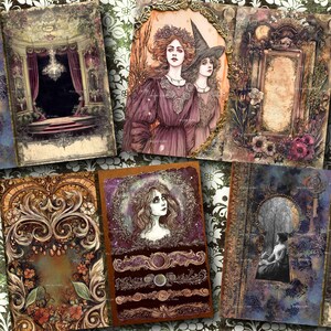 May include: A collection of vintage-style art prints featuring gothic and fantasy themes. The prints showcase illustrations of women, ornate frames, and theatrical scenes in a muted color palette of purples, browns, and greens. The overall aesthetic is reminiscent of antique ephemera.