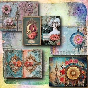 May include: A collage of vintage-style art prints featuring floral and portrait themes. The prints showcase a mix of colors, including blue, pink, and gold, with ornate frames and decorative elements. The artwork evokes a romantic and antique aesthetic.
