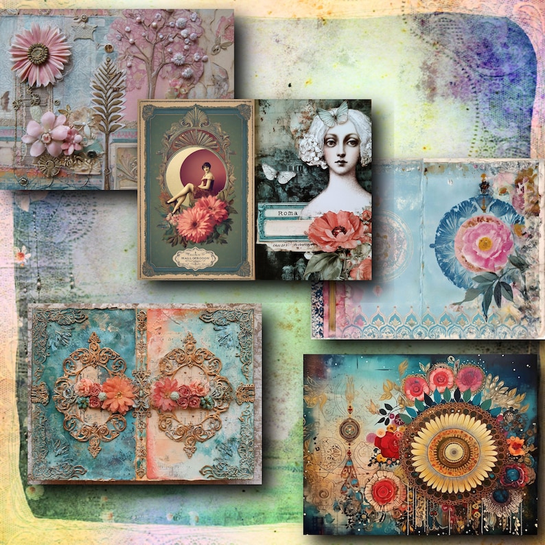 May include: A collage of vintage-style art prints featuring floral and portrait themes. The prints showcase a mix of colors, including blue, pink, and gold, with ornate frames and decorative elements. The artwork evokes a romantic and antique aesthetic.