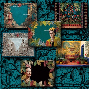 May include: A collage of images featuring Frida Kahlo and architectural scenes. The images are framed with decorative borders and set against a teal background with a black lace pattern. The images include vibrant colors and floral elements.